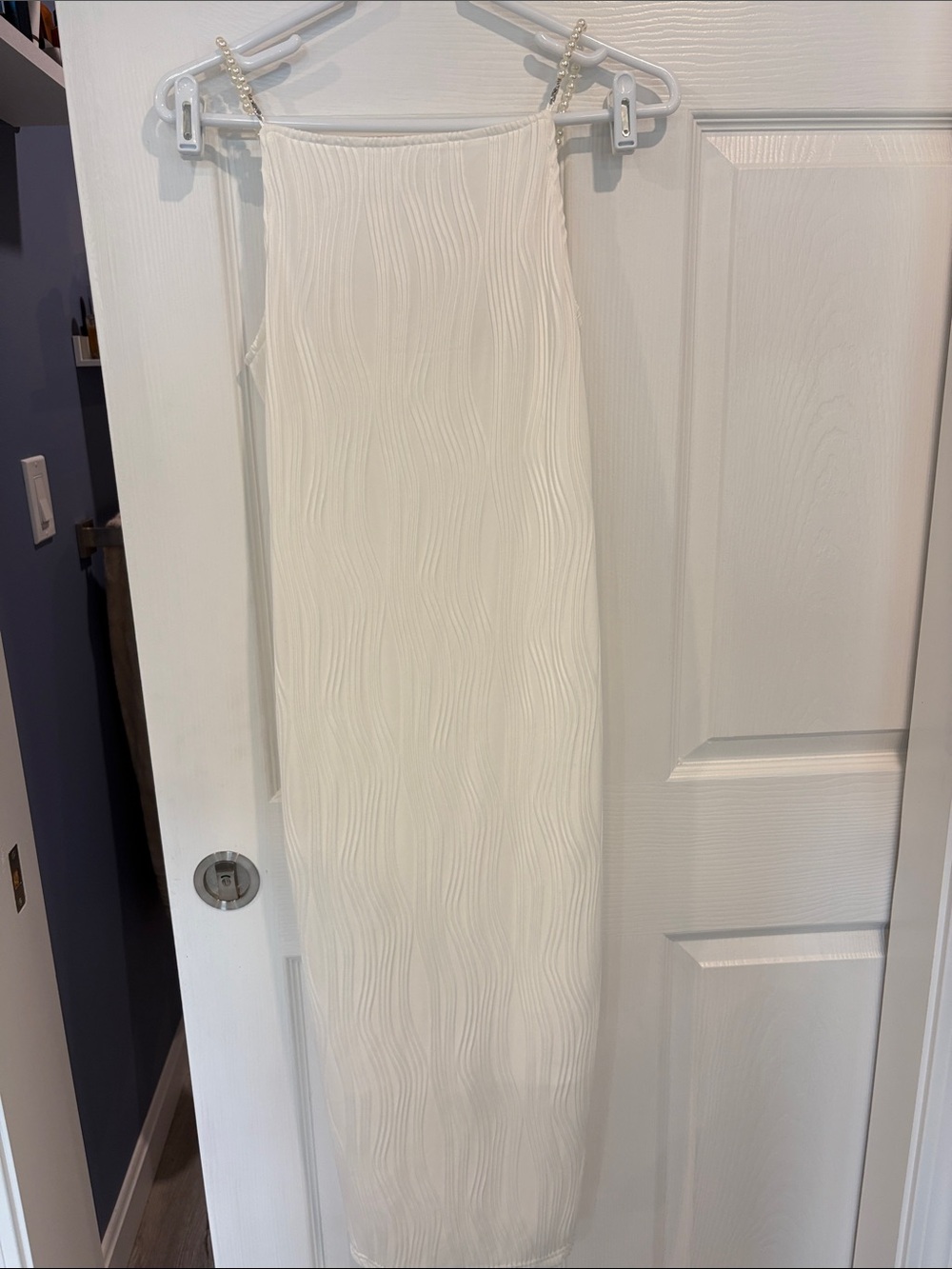 RIHOAS The Water Ripple Textured Pearl-Strap White Slip Dress Size M